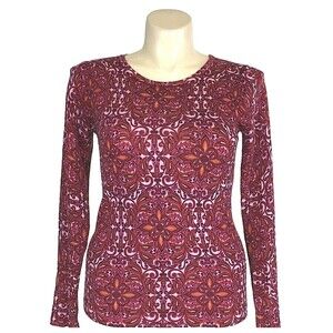 Garnet Hill Sweater XS 100% Merino Wool Red Purple Orange Paisley Long Sl NICE